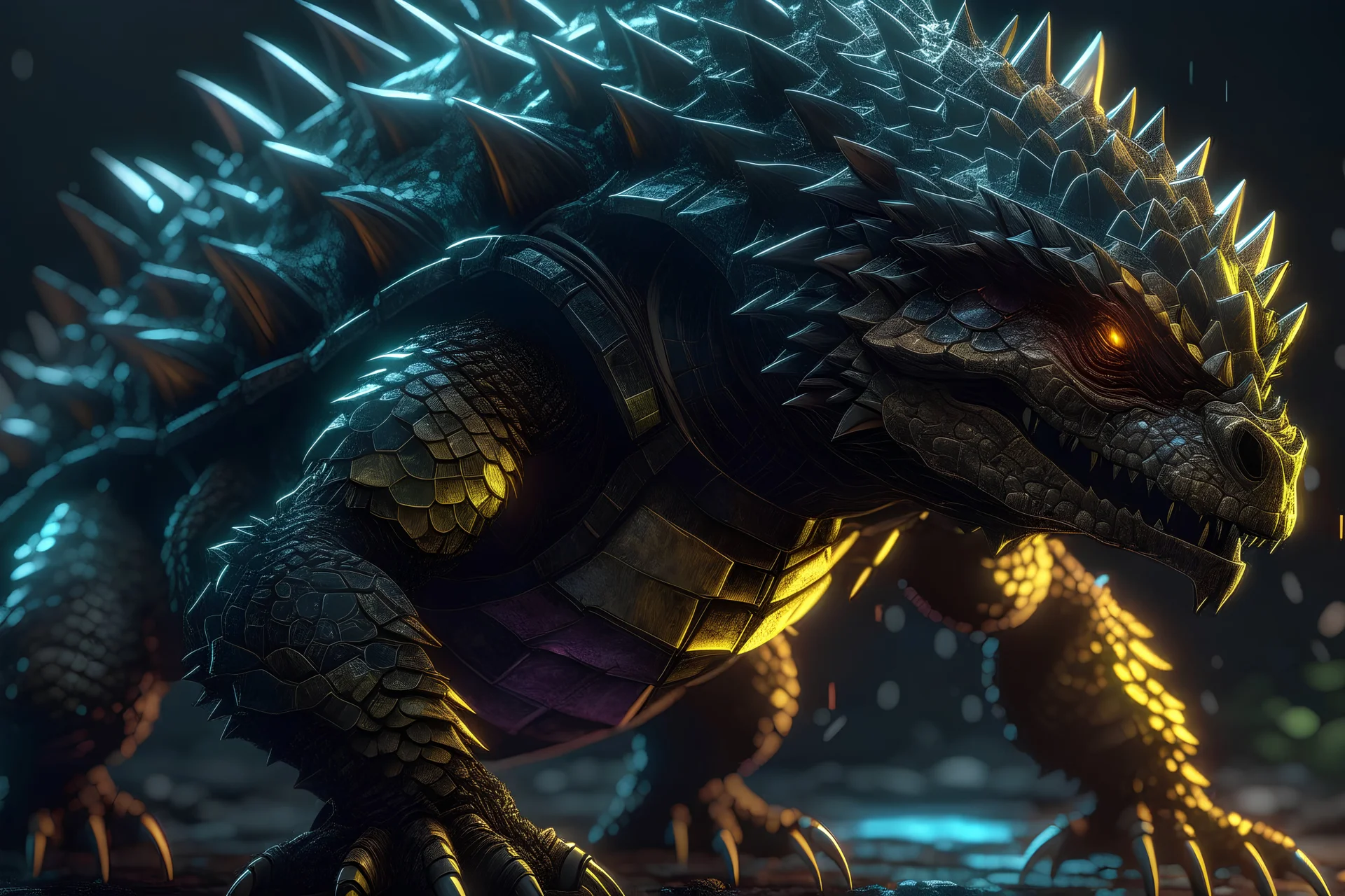 hulking turtle monster with sharp claws, a spiked shell , a dragon like tail, breaths fire, and has a head similar to a lion in 8k solo leveling shadow artstyle, machine them, close picture, rain, intricate details, highly detailed, high details, detailed portrait, masterpiece,ultra detailed, ultra quality