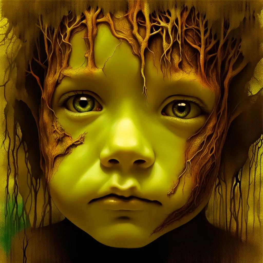 The Face of Childhood Trauma Taking Root, by Peju Alatise & carne griffiths & Zdzisław Beksiński, full head & neck depicted, clean, clear accurate facial features, symmetrical eyes,deftly depicted with incredible expressiveness & depth, visibly furrowed brow, distinct tree roots & branches Modifiers: sharp focus realistic elegant fantasy Zdzisław Beksiński no text insanely detailed Surrealism Tom Bagshaw Engraving accurate and proportional human anatomy reflective lighting symmetrical eyes Ver