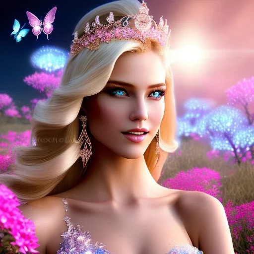 Full body Princess, sexy woman blondie, make up, beautiful smiling face,blue eyes, beautiful place,amazing, flowers, colors, blue and pink butterfly, realistic, photo real, stars night, detailed, high contrast, 8k high definition, unreal engine 5, extremely sharp detail, light effect, light background