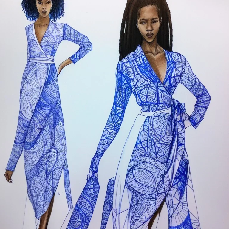 Croquis, wrap dress, white with blue mandala print, long sleeves, fashion illustration, sketch, drawing, pencil, african american model, Aarón favaloro, megan hess, René gruau