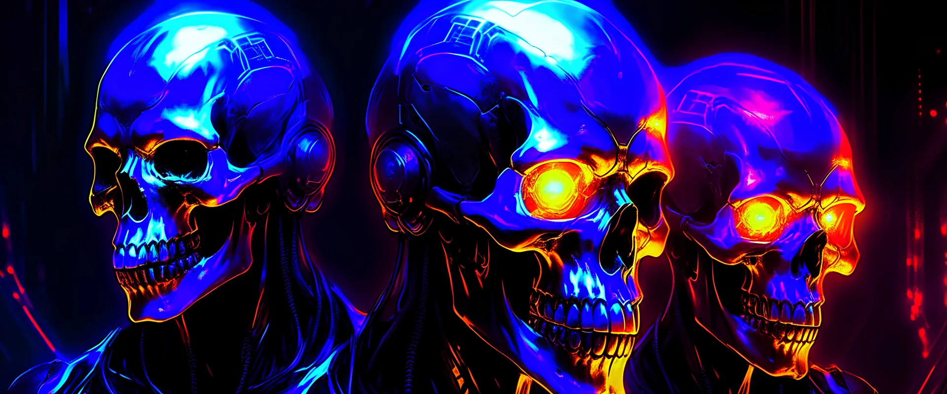 cybernetic humanoid skulls placed to act as Cerebus, the guard of the portal to hell, pristine primary colors isolated background futuristic design, futuristic, elegant atmosphere, glowing lights, highly detailed, digital painting, concept art, smooth sharp focus, illustration, art by wlop,