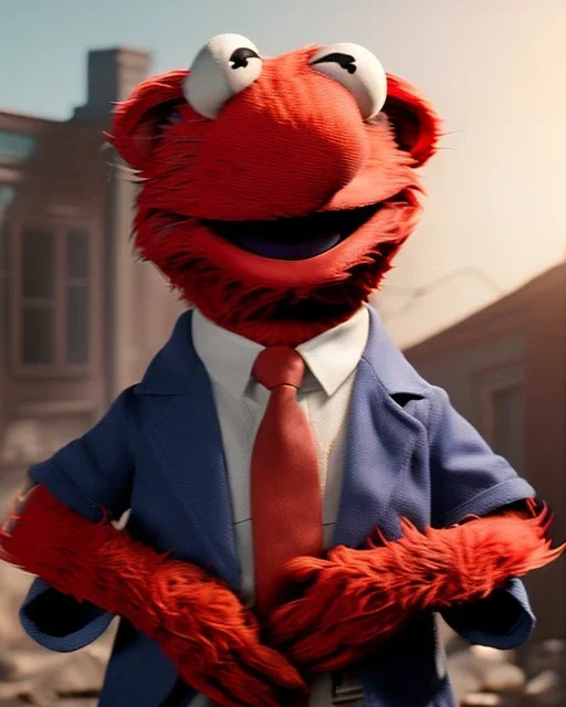 Realistic image, hybrid formed by simple Elmo muppet head and real human body, human arms and hands, Shirt and tie, concept art, smooth, unreal engine 5, god lights, ray tracing, RTX, lumen lighting, ultra detail, volumetric lighting, 3d, finely drawn, high definition, 4k.