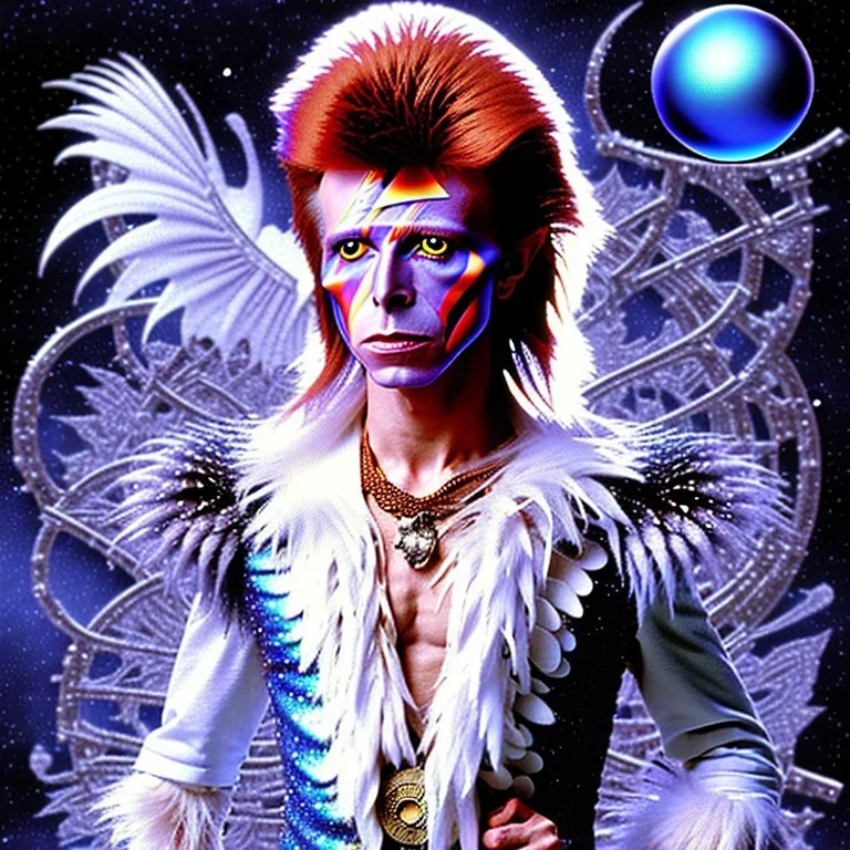 david bowie, white owl feather fancy clothes, Jim Henson's The Labyrinth, Jareth the goblin king, crystal ball in hand, wearing spandex grey leggings with a crotch bulge, labyrinth illusion stairs, broken world and space in background