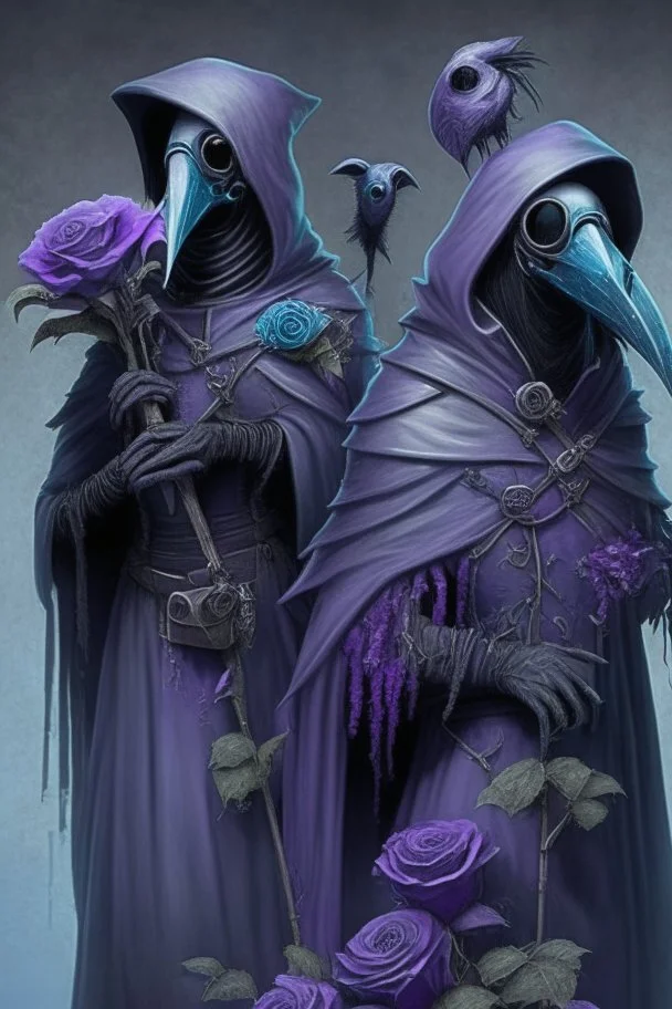 Undead minions of the Silvered Rose, wear long black robes, with a purple rose symbol, leather plague doctor masks with beaks and pale blue lenses