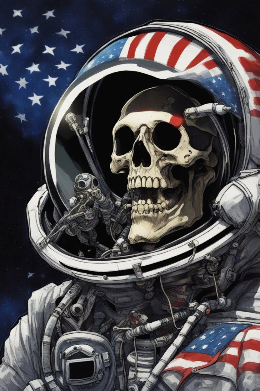 A close up of a skeleton face looking shocked, in an astronaut helmet and suit floating in space. inside the hollow eyes are red shining lights, scary. On his suit is an American flag and in his one hand is a small wavering American flag, on it is written "boned in the USA". From the back of his suit is blowing out blue, white and red smoke. Realistic, 8k, highly detailed, funny