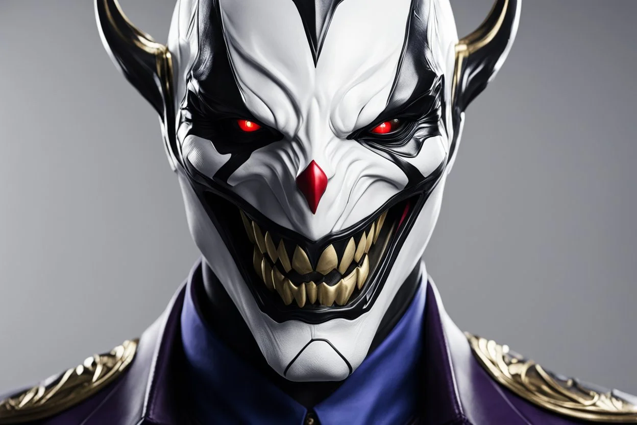 Jhin venom in 8k live action artstyle, white joker mask, close picture, intricate details, highly detailed, high details, detailed portrait, masterpiece,ultra detailed, ultra quality