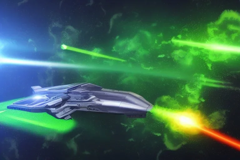 spaceship battle, explosions, lasers, green lasers, explosions painting