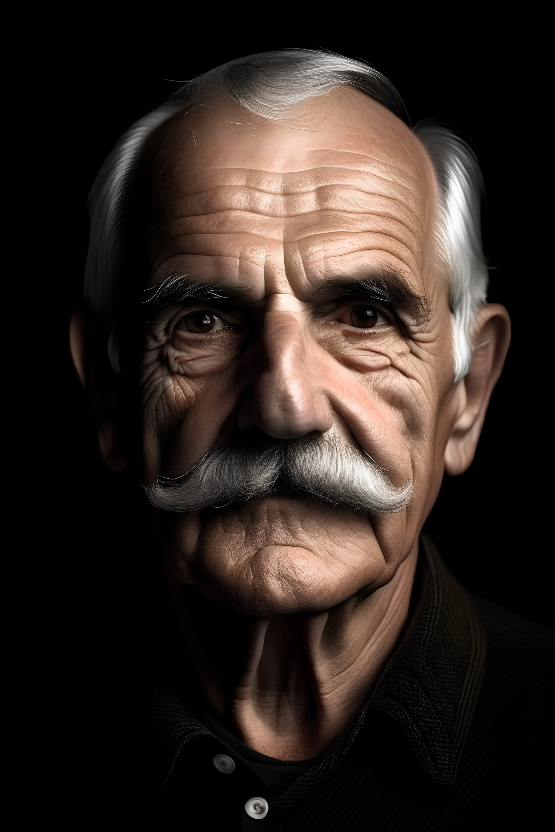 homme de 65 ans moustache blanche sur un fond noir