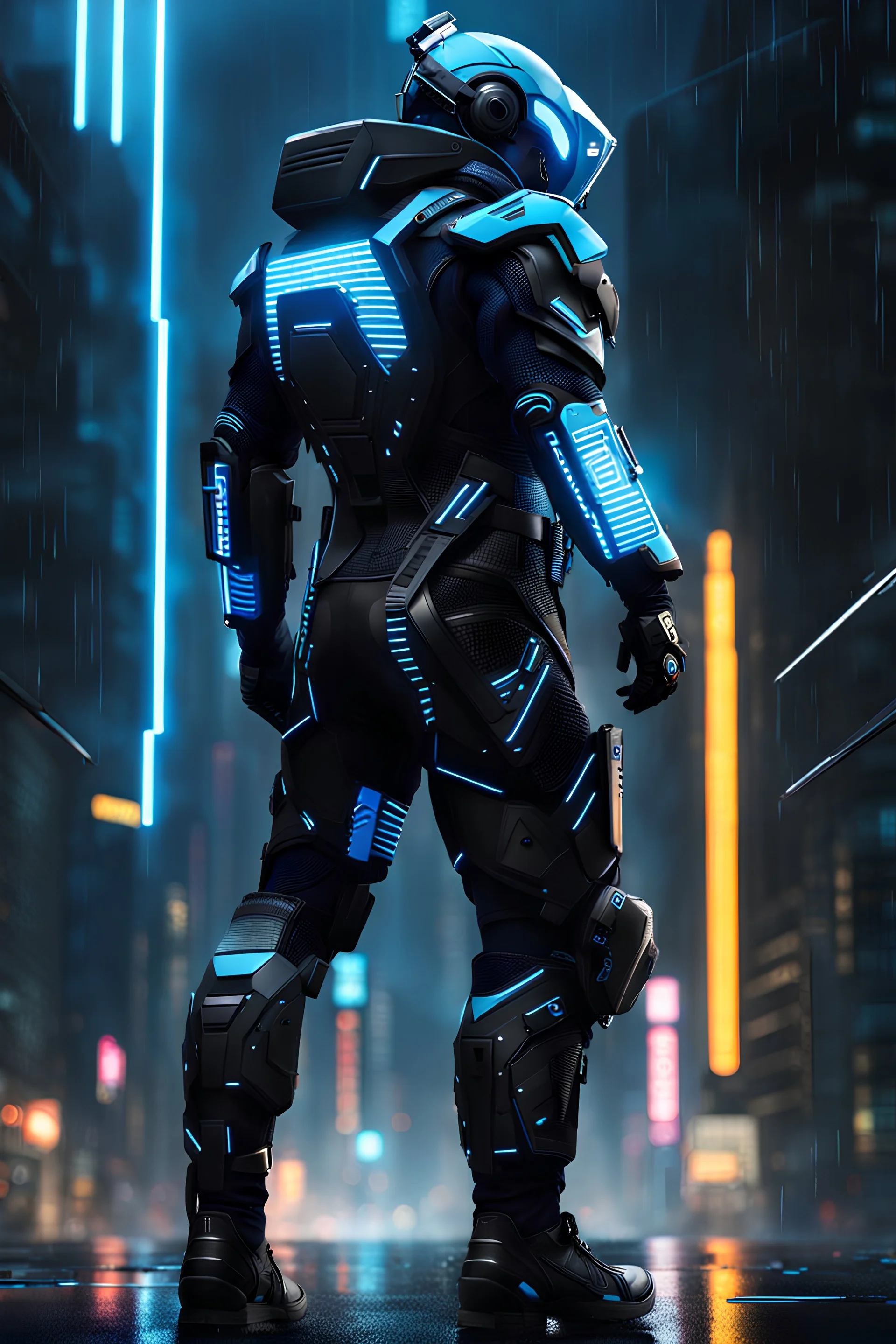 cyberpunk, neon blue, high technology, geometric figures, orbiting figures, cyberpunk suit, black and blue, epic, rain, neon blue suit, geometric figures orbiting around suit, exosuit, male