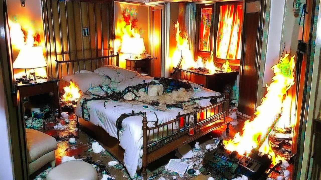 Russian lunatic tears hotel room apart then starts it on fire while man squats down and defecates on the bed