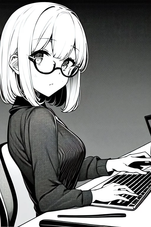 girl with glasses works on a computer in a cafe, line arts, greyscale