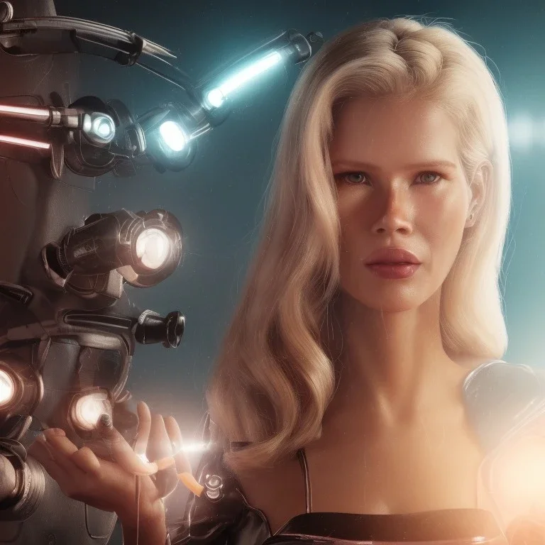 Ultra Realistic retro sci-fi movie scene, waist up view portrait, blonde woman pointing a gun, sweet young Claudia Schiffer face, perfect iris, glow eyes, makeup, weapon. Drones background, Retro sci-fi style, helmet, tight latex coat, fog, rain, soft color, highly detailed, unreal engine 5, ray tracing, RTX, lumen lighting, ultra detail, volumetric lighting, 3d, finely drawn, high definition, high resolution.