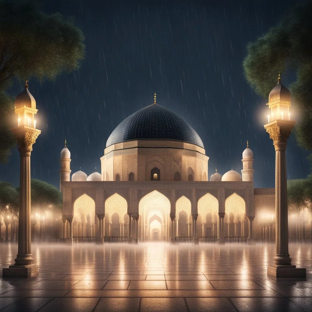 Hyper Realistic Al-Aqsa Mosque with garland lights decorations at Rainy Night