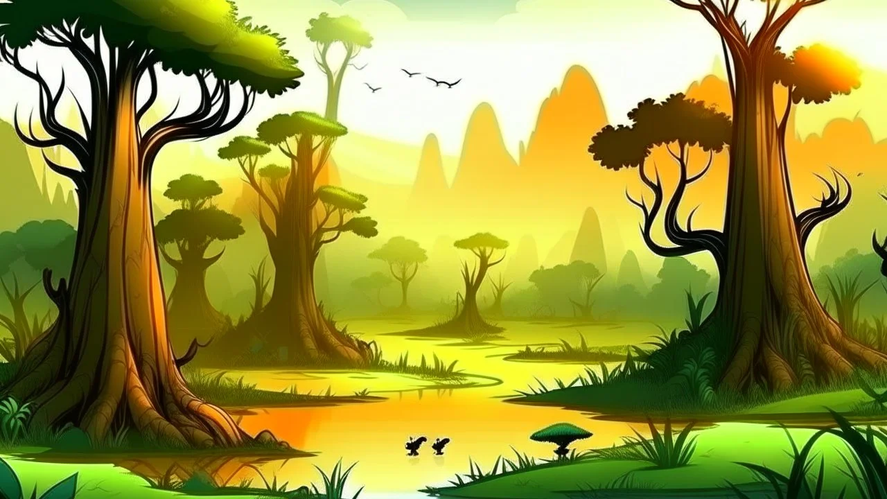 Cartoon illustration for children: Cenozoic misty swamp, millions of years ago, with towering prehistoric trees and a volcano