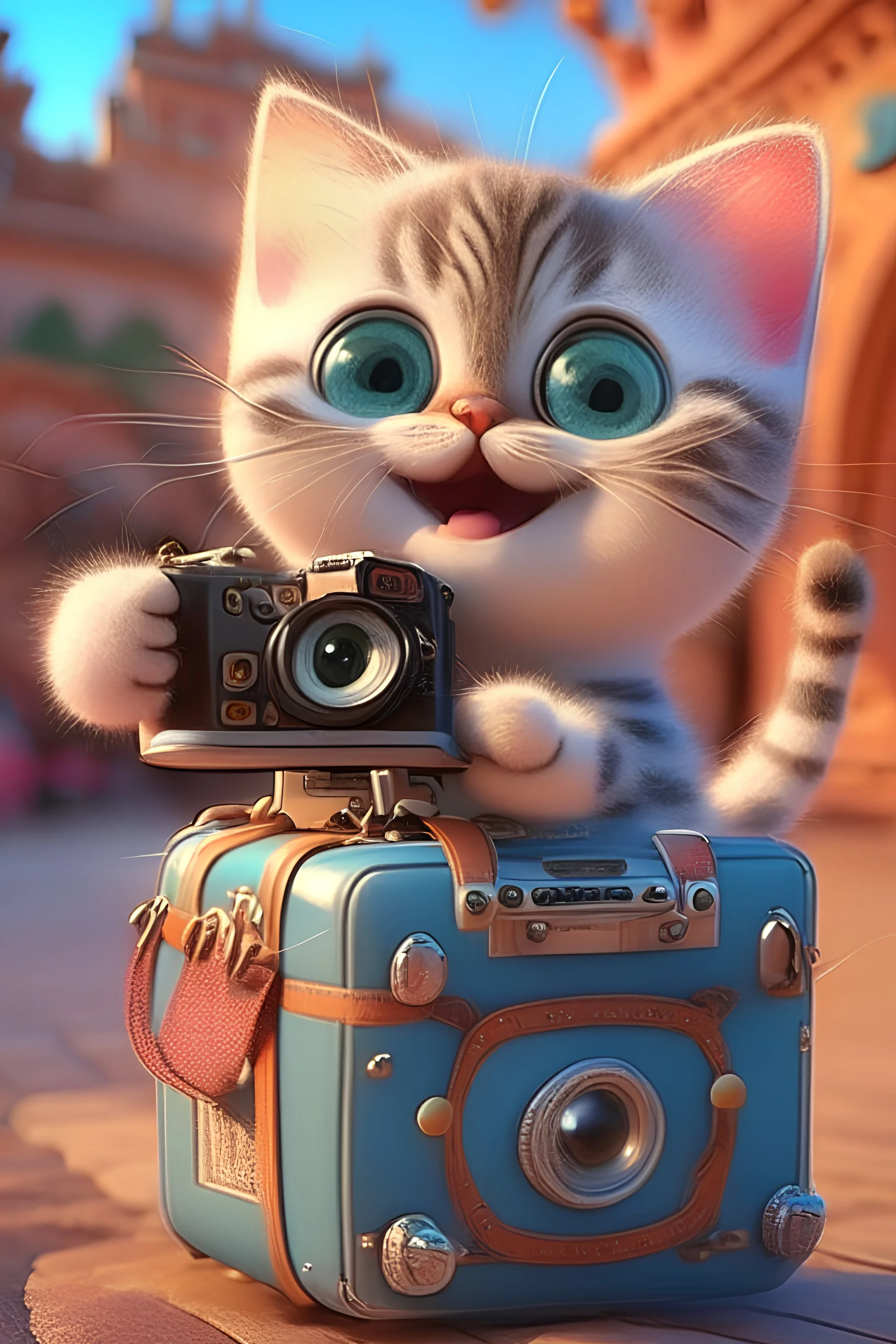 pixar style, cute cartoon tourist baby cat with photo machine, friendly, waving to the camera, cinematic lighting