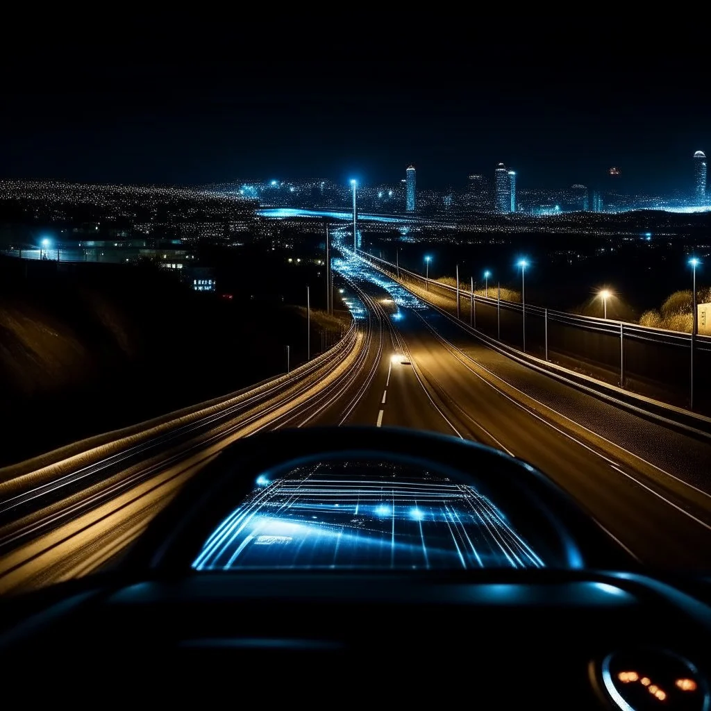 night time, a car dashboard lighting up, a dark road in the windscreen, with a beautiful city in the distance, photo quality