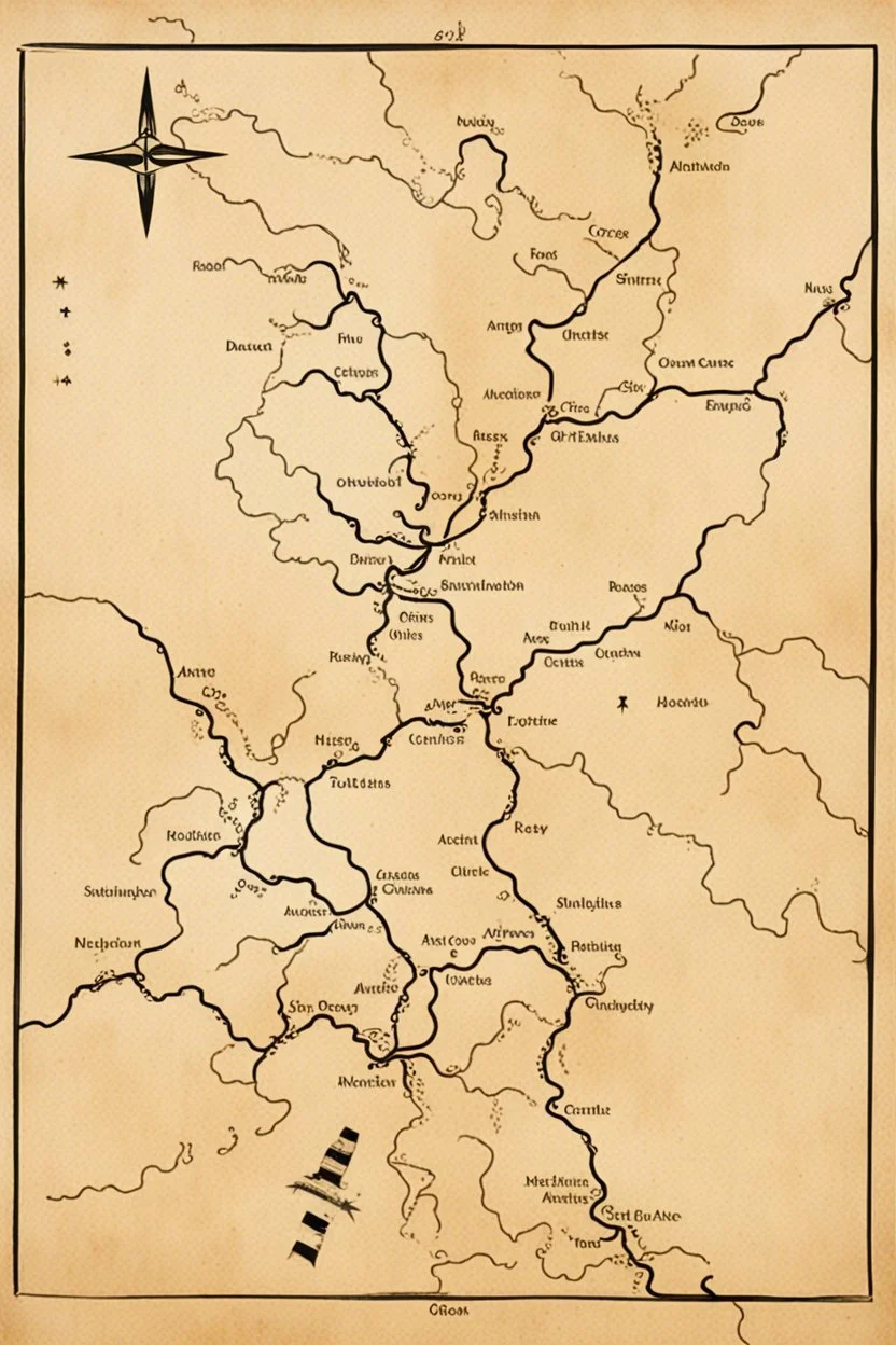 a scan of an ancient Cree Anishinaabe road map, black and white printed map that has been been stained and weathered, text is in a Cree Syllabic font