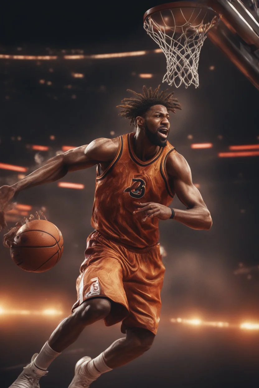 8k, highly realistic and detailed image of a NBA basketball player in action dunking the ball in the net, sweaty hair, screaming look,action and smoke and flames background