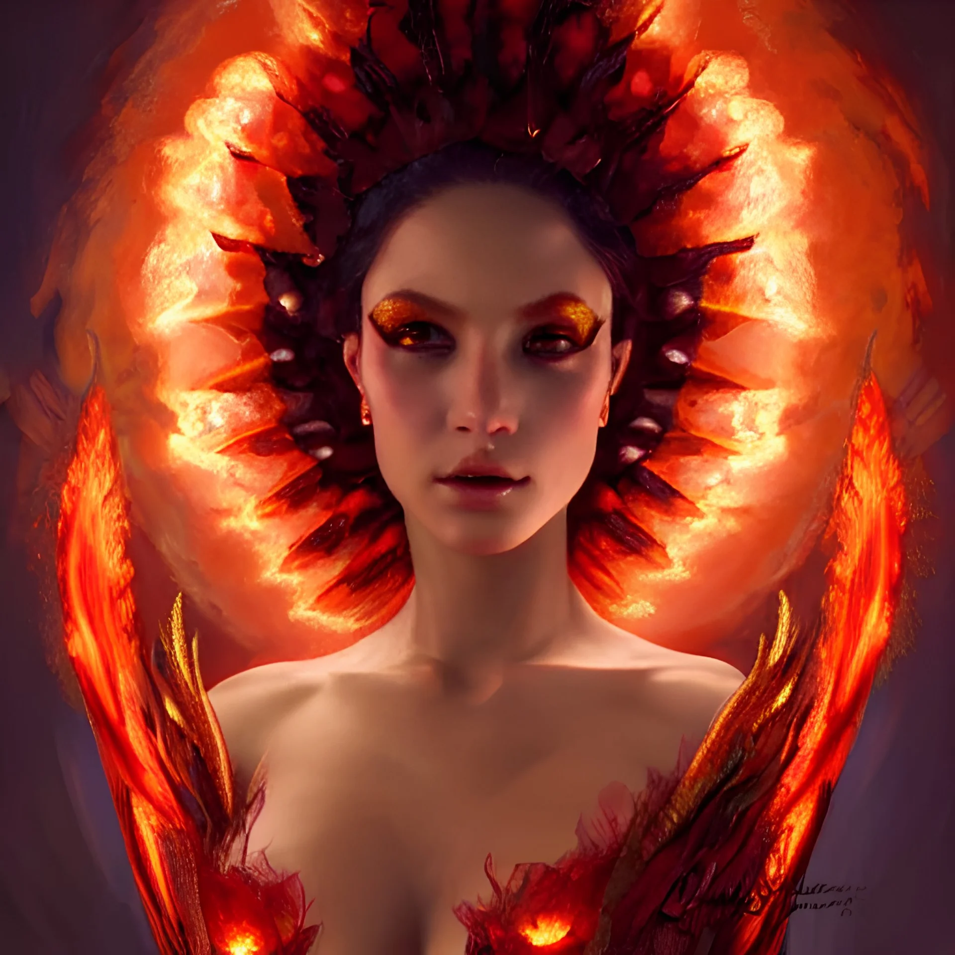 portrait of a fire fairy, dress made of fire, fiery wings, obsidian skin, red eyes, highly detailed, detailed face, smooth, sharp focus, chiaroscuro, digital painting, artgerm and greg rutkowski and alphonse mucha