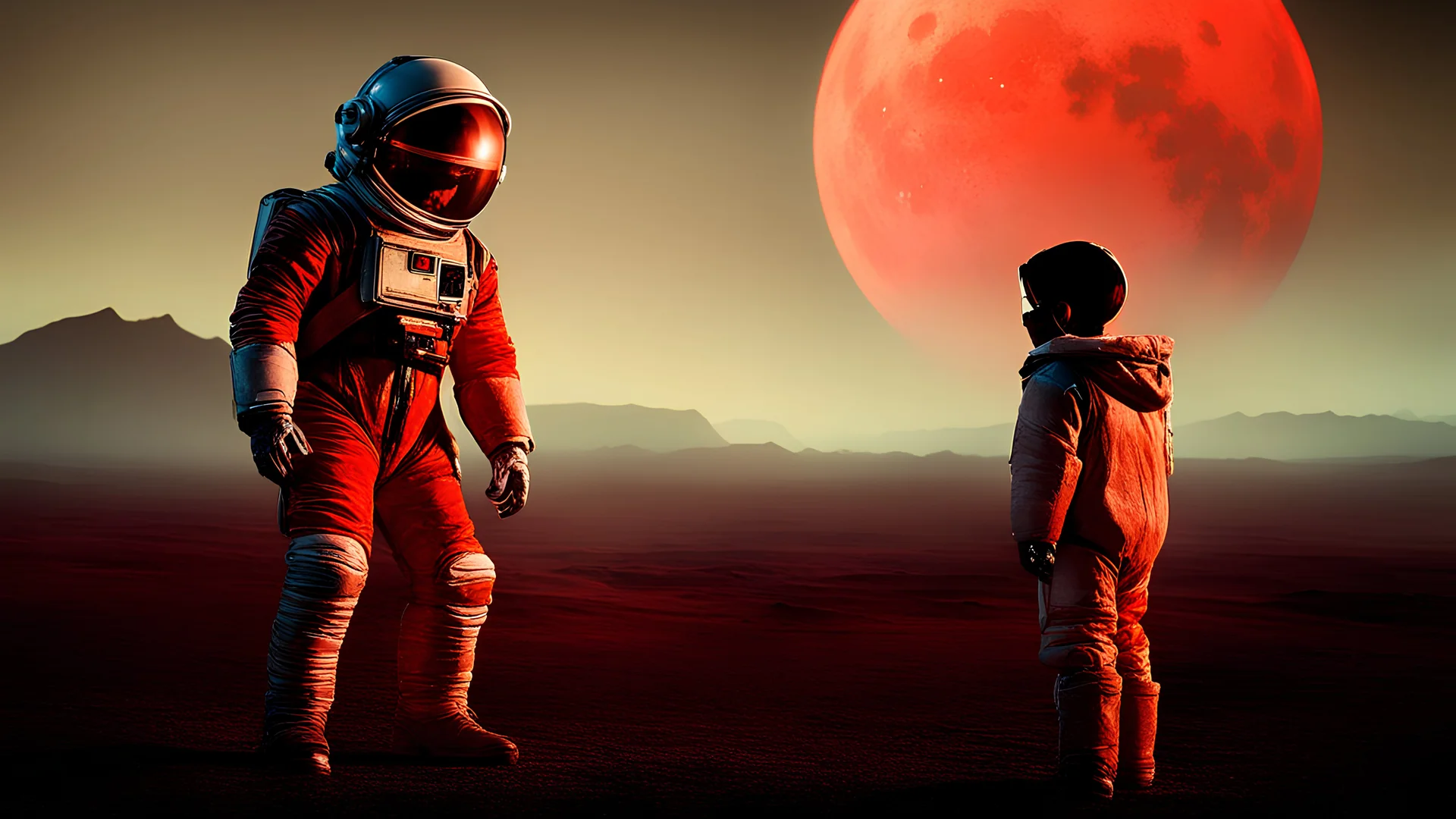 7 years old, boy, I am an astronaut!!! wearing space suit and helmet!! holding his horse! in a futuristic mars landscape. " red moon lighting is behind foggy!, cinematic shot from the mandalorian ( 1 9 8 5 ) sci - fi movie by peter jackson with cinematogrophy of christopher doyle'simann!!!! intricate elegant retrofutur