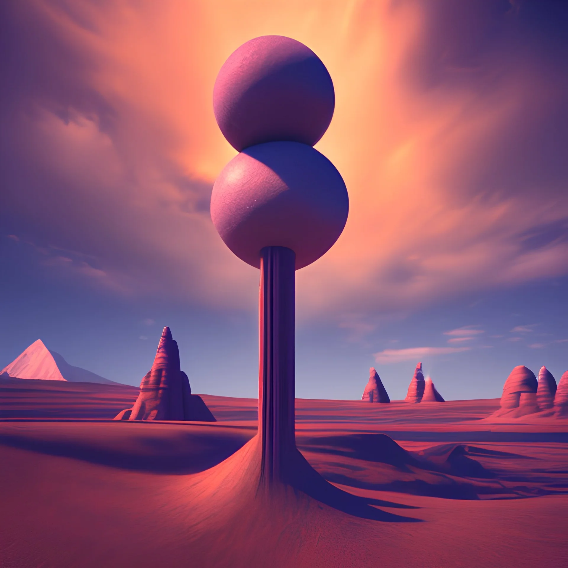 Strange spindle-shaped objects of various shapes, well defined, scattered over an arid wasteland, noon light, dynamic, clouds, mountains, bright colours, polaroid, 8k, 3d, 33mm photography