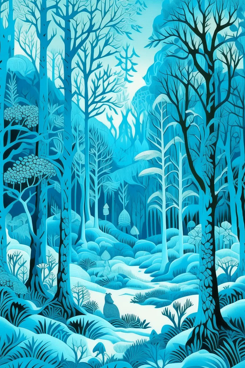 A cyan winter forest designed in German folk art painted by Katsushika Hokusai