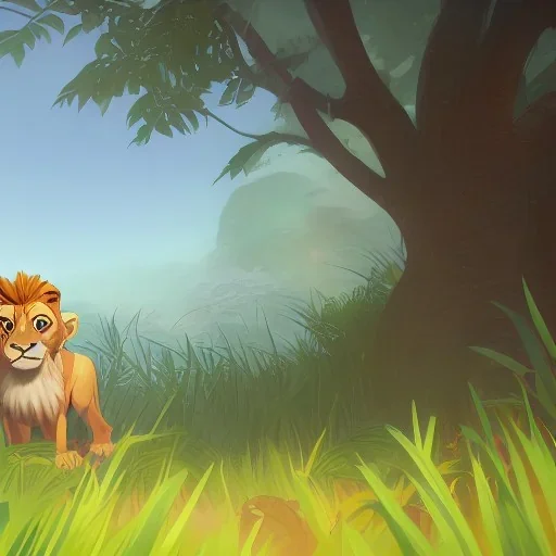 picture for children's book showing a cute lion behind tall grass in the jungle.