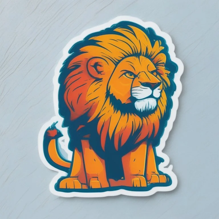 A sticker design in a minimalistic style featuring a caricature lion in vivid colors. The subject is presented alone on a neutral background.