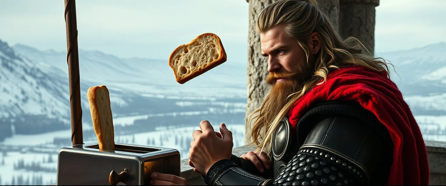 Movie poster portrait. The mighty God Thor sees the toaster on a pole, spit out one slice. The bread is jumping over his head. In the style of Rembrandt and "Gods of Fallout 4". He is sitting on the balcony of his castle, with a great view over the frozen valley. He is trying to grab the bread quickly. "Fali' ja."