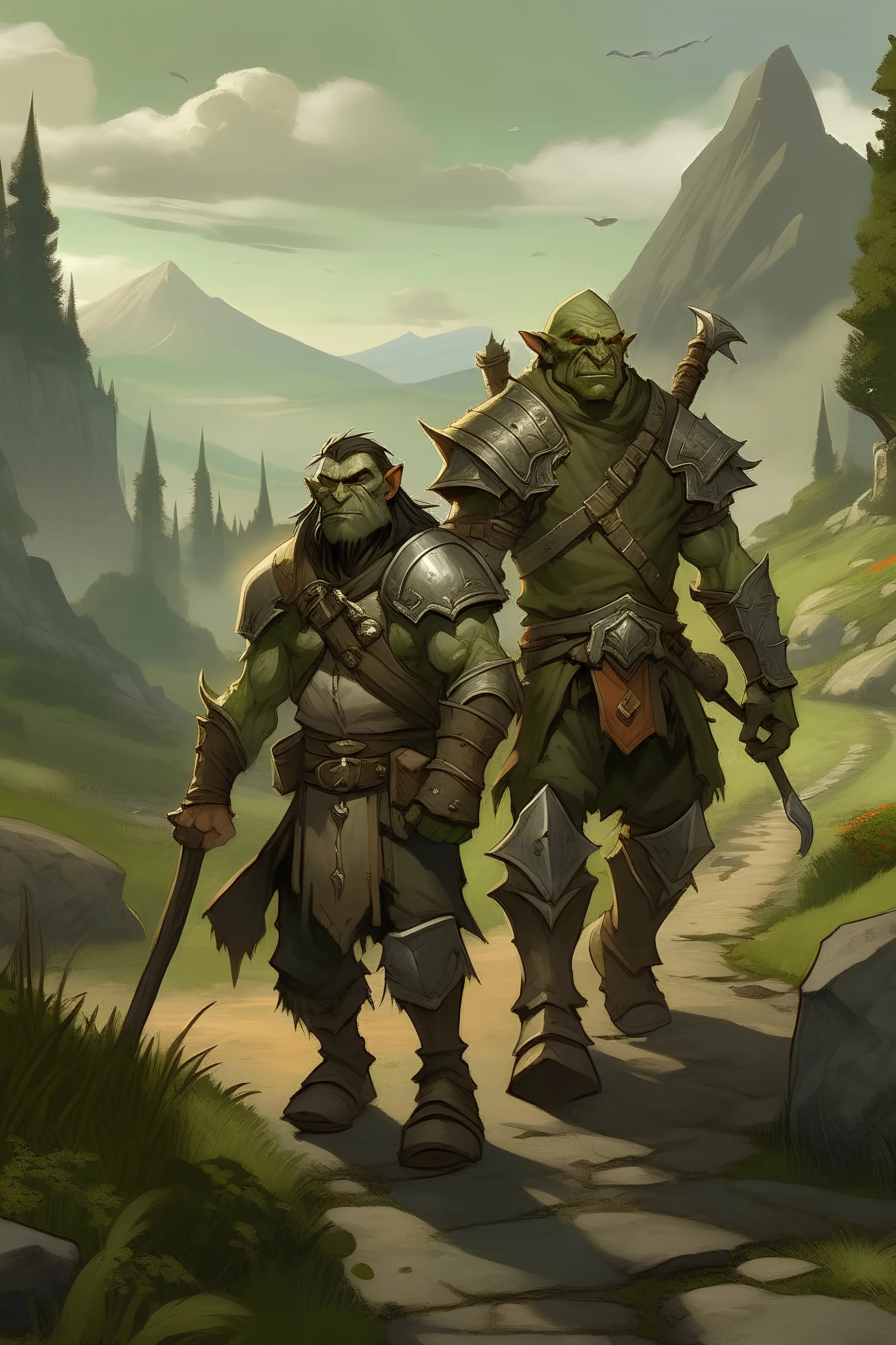 A orc paladin with a glaive and his 16-year-old human man friend, a rogue, are traveling along a country path.