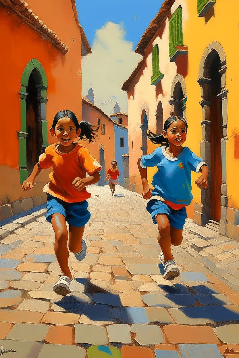 2 maxican childeren running painting neoclassism in a traditional mexican city