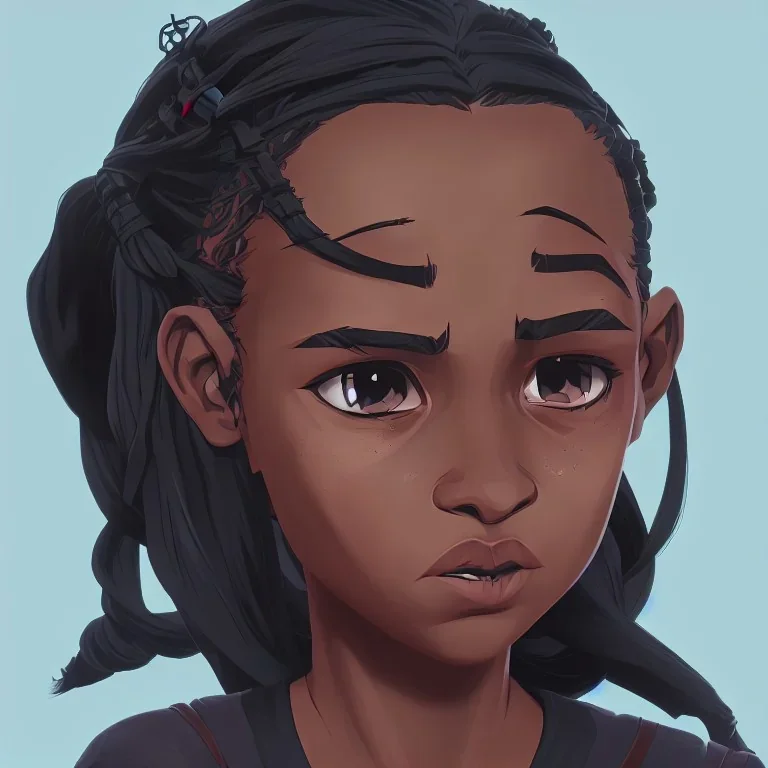 Portrait of a sweet dark skinned 10 year old witch kid with braided black hair