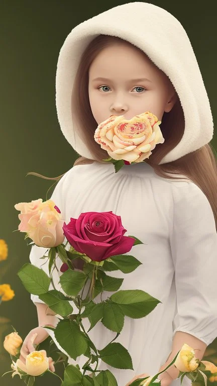 A 7-year-old little girl from Russia holds a lot of roses and puts them on her face, wears a plain white bucket hat, puts roses in front of her face so that her face is not visible, (many flowers: 1.2), soft light, golden hour, upper body, HDR, 8K, Natural Skin Texture, AO, Complex, Highly Detailed, Sharp Focus, Crazy Detail, Intricate Detail, Highly Detailed, The Girl Looked Down