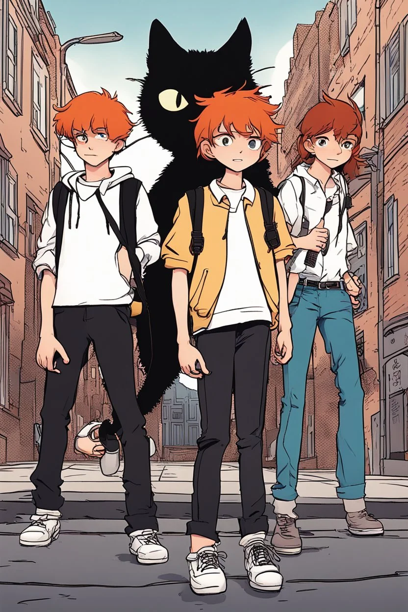 Two teenage brothers with ginger hair plus a teenage punk girl with dark hair are standing in characteristic book cover-style poses. The big black cat walks with them. They are young amateur detectives. The town street with a white van in the background, a mysterious atmosphere