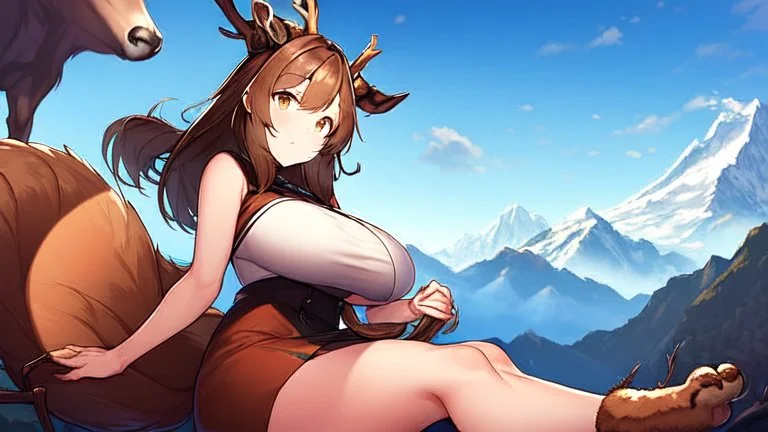 One Girl, mountain, sit , deer hoof foot, brown hair, (2: big breasts), deer face, deer tail,