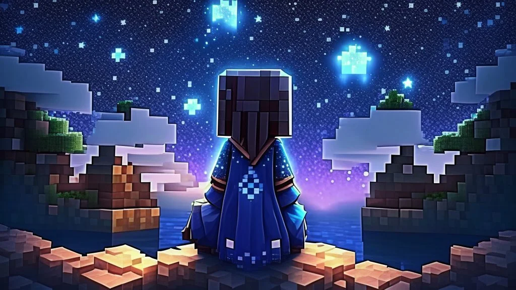 Minecraft Character, minecraft theme, purple starry sky, meditating, aesthetic, facing back, wearing gown, chinese theme,