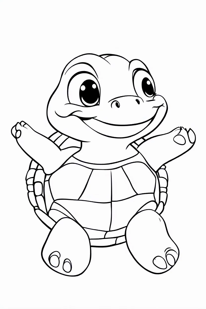 blank colouring book, white blank background, simple picture for toddlers, sweet and smilling turtle pet, disney and pixar style