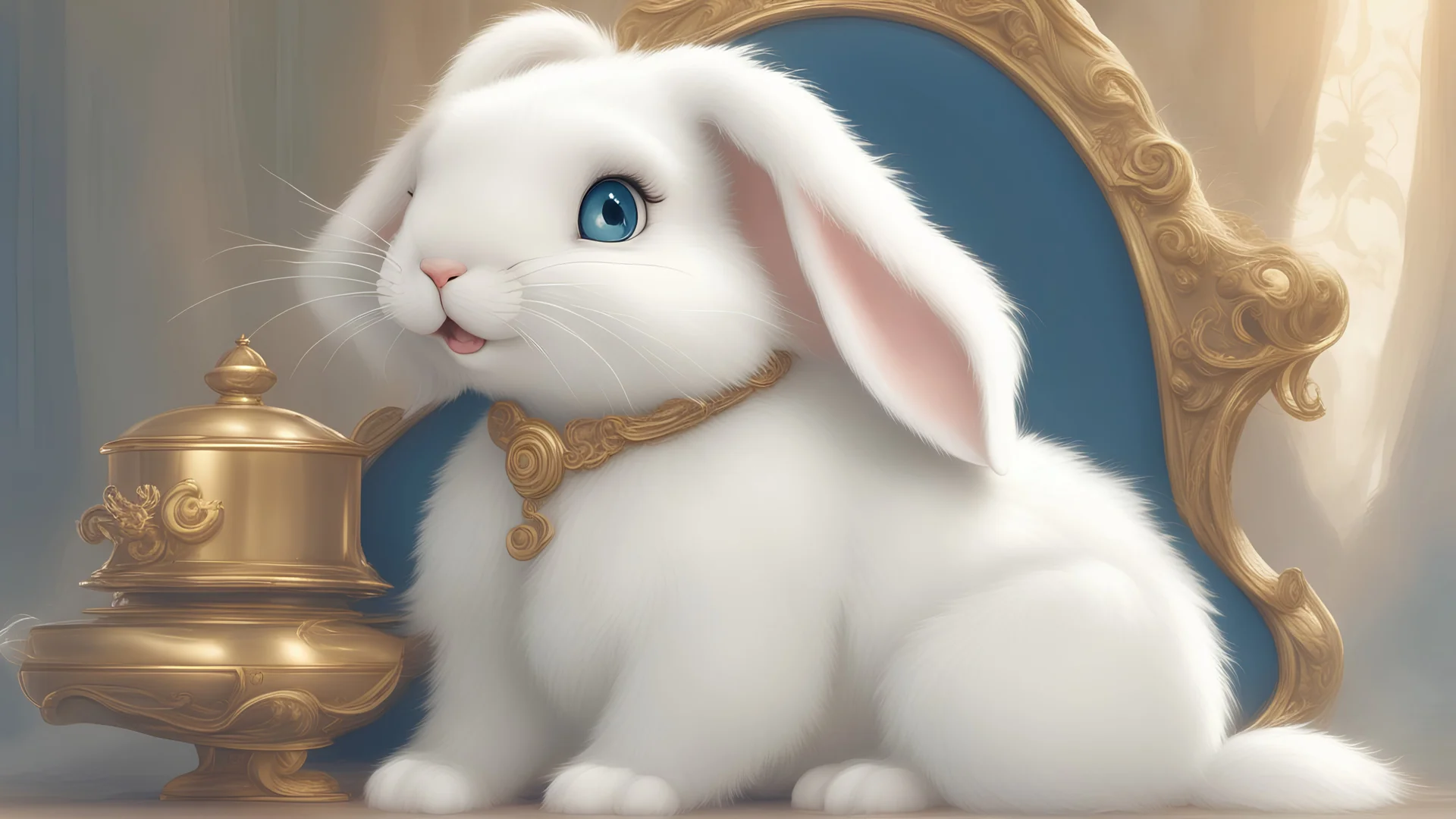 Classic Disney Elegance style. a little bunny, fluffy white fur and twinkling blue eyes. morning, wake up, find a golden scroll nestled beside him.