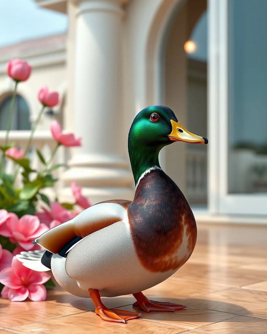 Generate image: Generate image: Generate image: A macro 3D render of a cute, lovely mallard with dark green neck ,entirely of translucent, glossy,colored jelly material. it is landing in terrasse of a luxury villa next to flowers ,subsurface scattering and gelatinous texture . High-quality CGI, octane render, 8k resolution, whimsical, adorable, clean composition., in the style of Portraits, in the style of Portraits, 4:3
