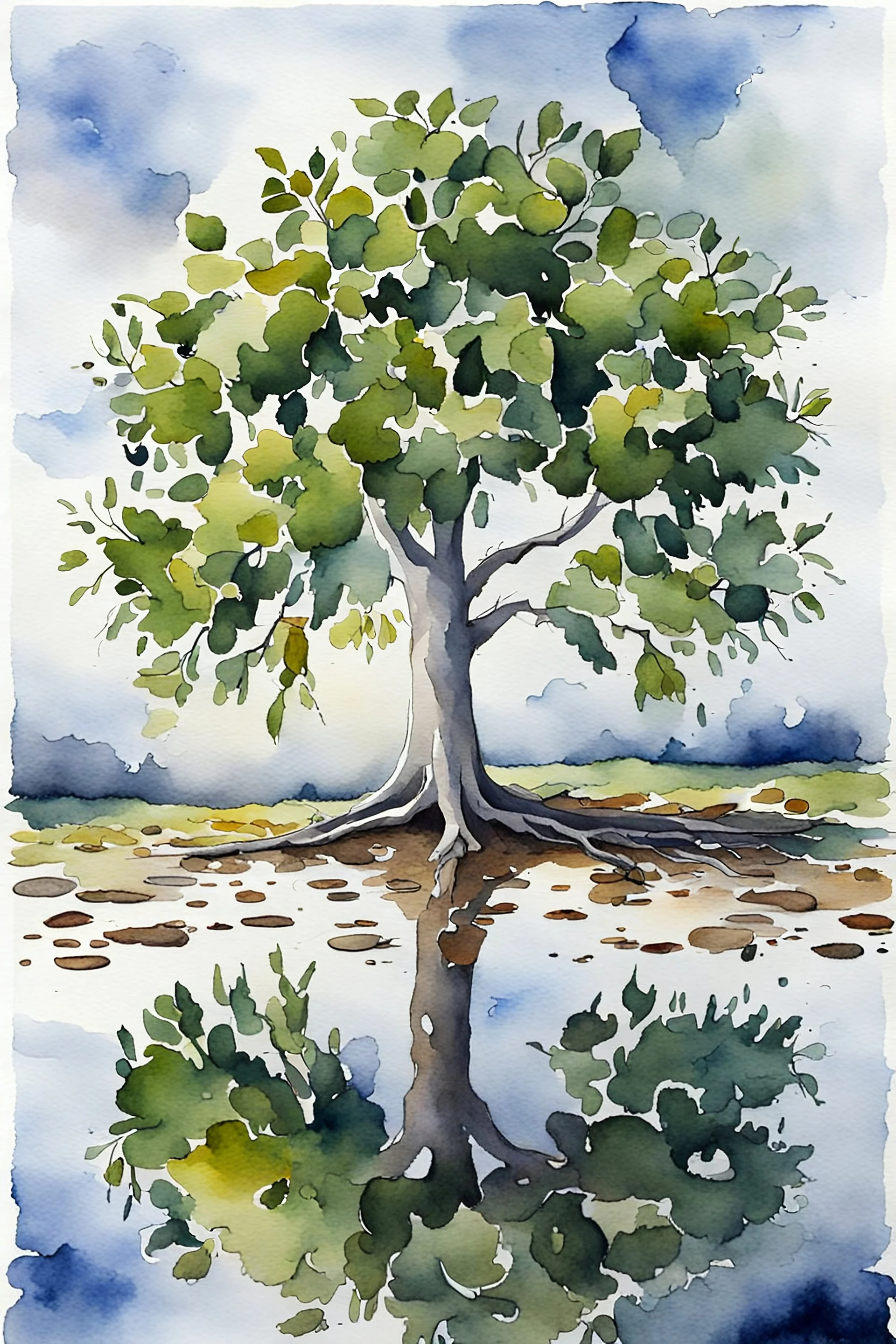 an appletree looks in a puddle on the ground in the morning after a storm, clouds on the sky, aquarell