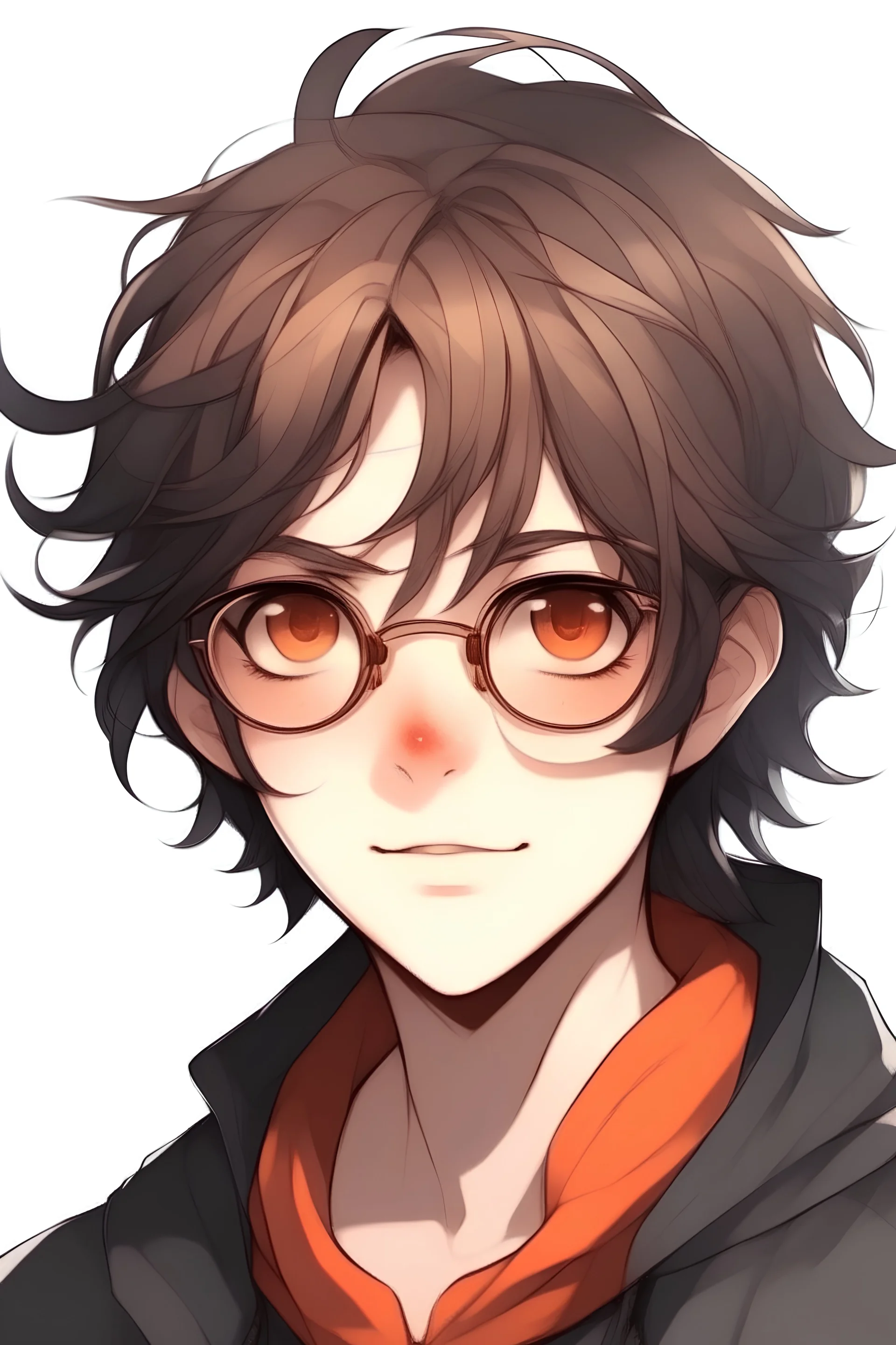 anime boy. grey eyes. long eyelashes. thick fluffy messy wave style hair. shoulders length hair. hair frames face. hair hides eyes partially. hair color is a dark brown orangish color, with orange tips. big rounded glasses that have a slightly rosy tint to them. Bandaid on nose. Stickers on cheeks.