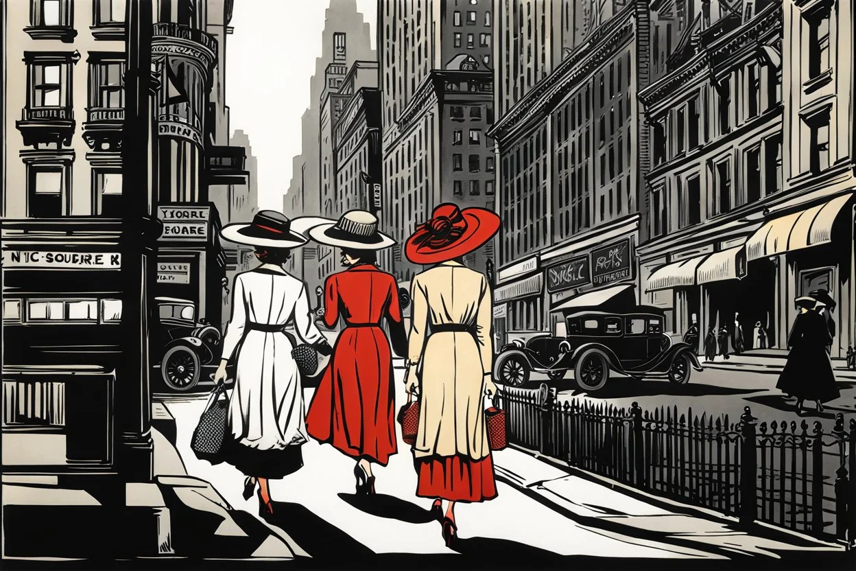 in 1920 two women walking down the street beside each other in nice dresses and hats in New York, Madison Square, high quality, intricate details, realistic