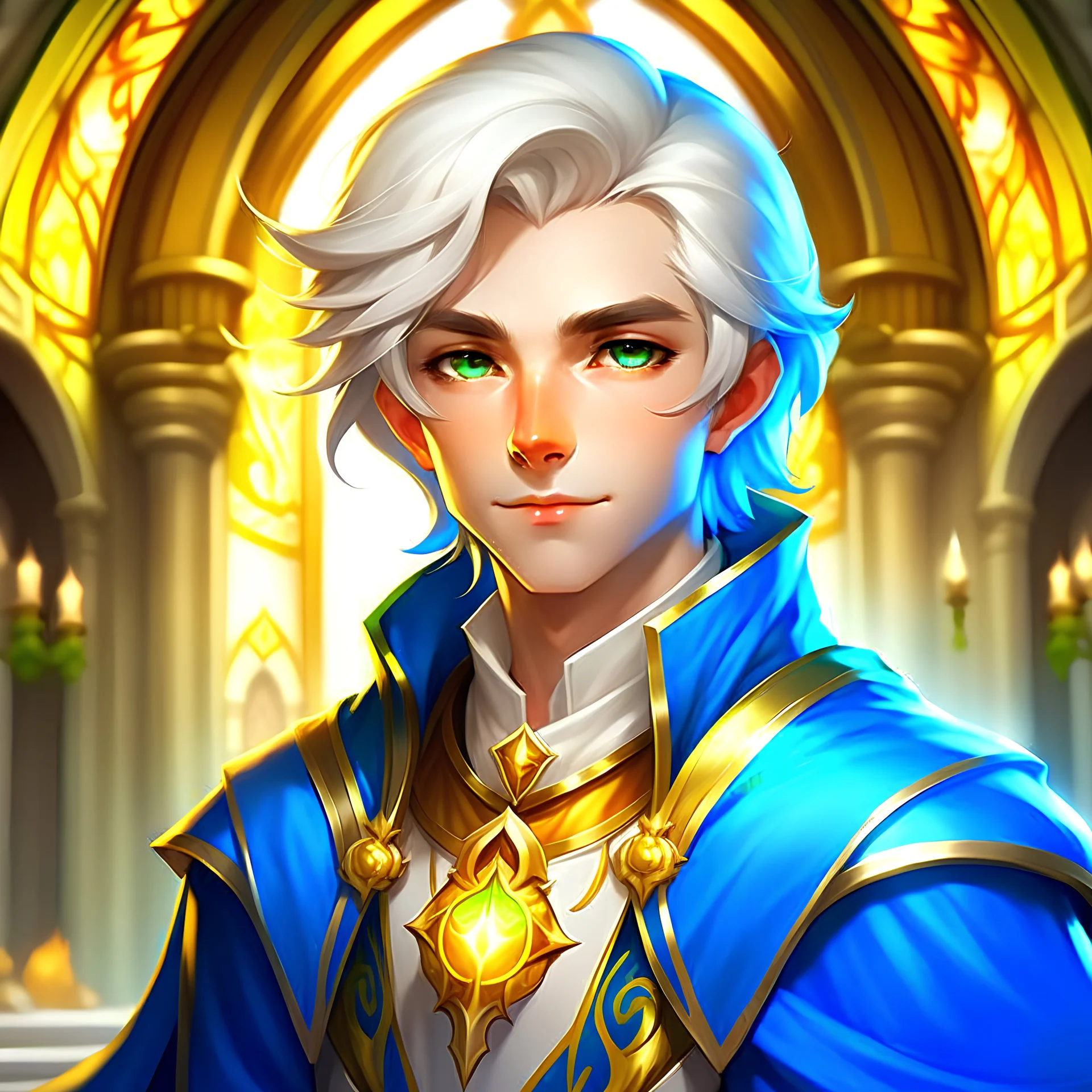 DnD Fantasy, A Handsome Child Wizard, Wearing Blue and Gold Wizard Robes, Tan Skin Tone, Golden Eyes, White Hair, 4K.