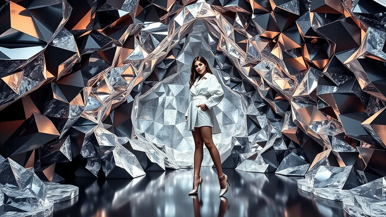 in a modern stage inside a cave made of metallic and crystal 3D recursive geometrical structures and jewels. A fashion model poses with modern fashion clothing, and silver heels.