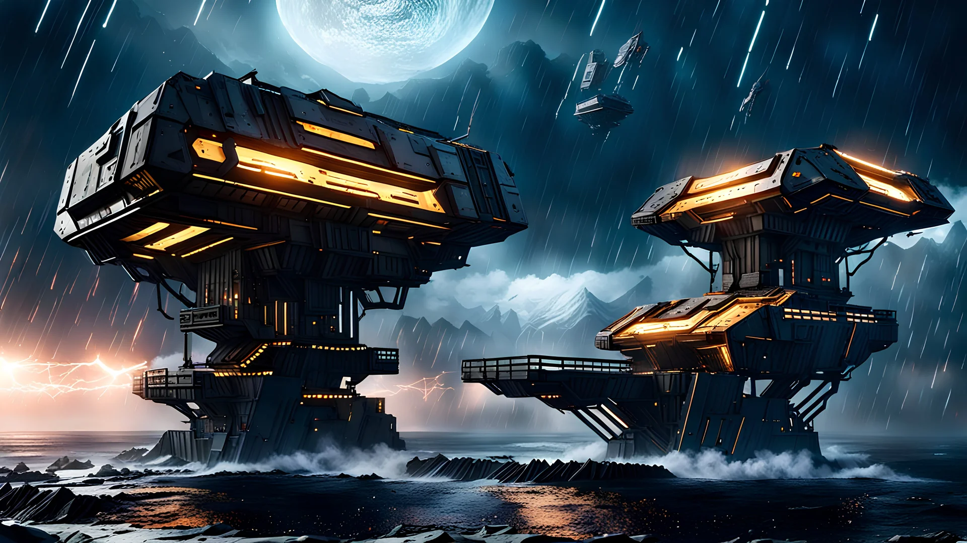 kolto mining platforms above the ocean, nighttime scene storms, star wars style, cyberpunk style