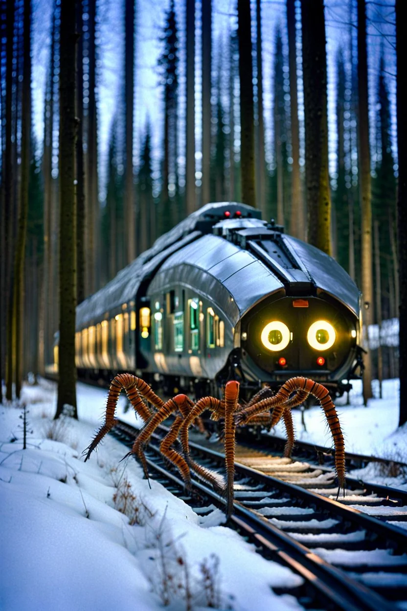 Subject( A centipede bug train robot cyberpunk futurism), Location(A forest with a futuristic train station, Forest, Alberta, night, Feb, 1994), Frame(wide shot of passenger facesinterior train), Cam( Nikon, R3, anirmorphic lens, extreme bokeh blur, analog film grain,fuji film, color fading, film scratches, mold, vinegar syndrome, dirt, dust, emulsion damage, water damage, film tears, Cinemascope mumps, gate hair)