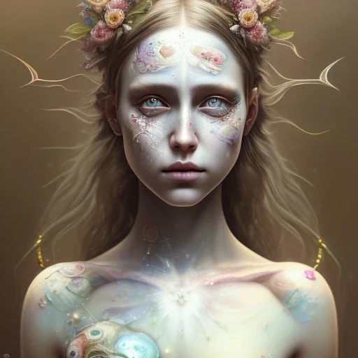 singer Danish MØ face, wildflower, facepaint, dnd character portrait, intricate, oil on canvas, intricate detail , soft smooth lighting, soft pastel colors, painted Renaissance style,watercolor illustration by <agnes cecile> <Yoji Shinkawa>,