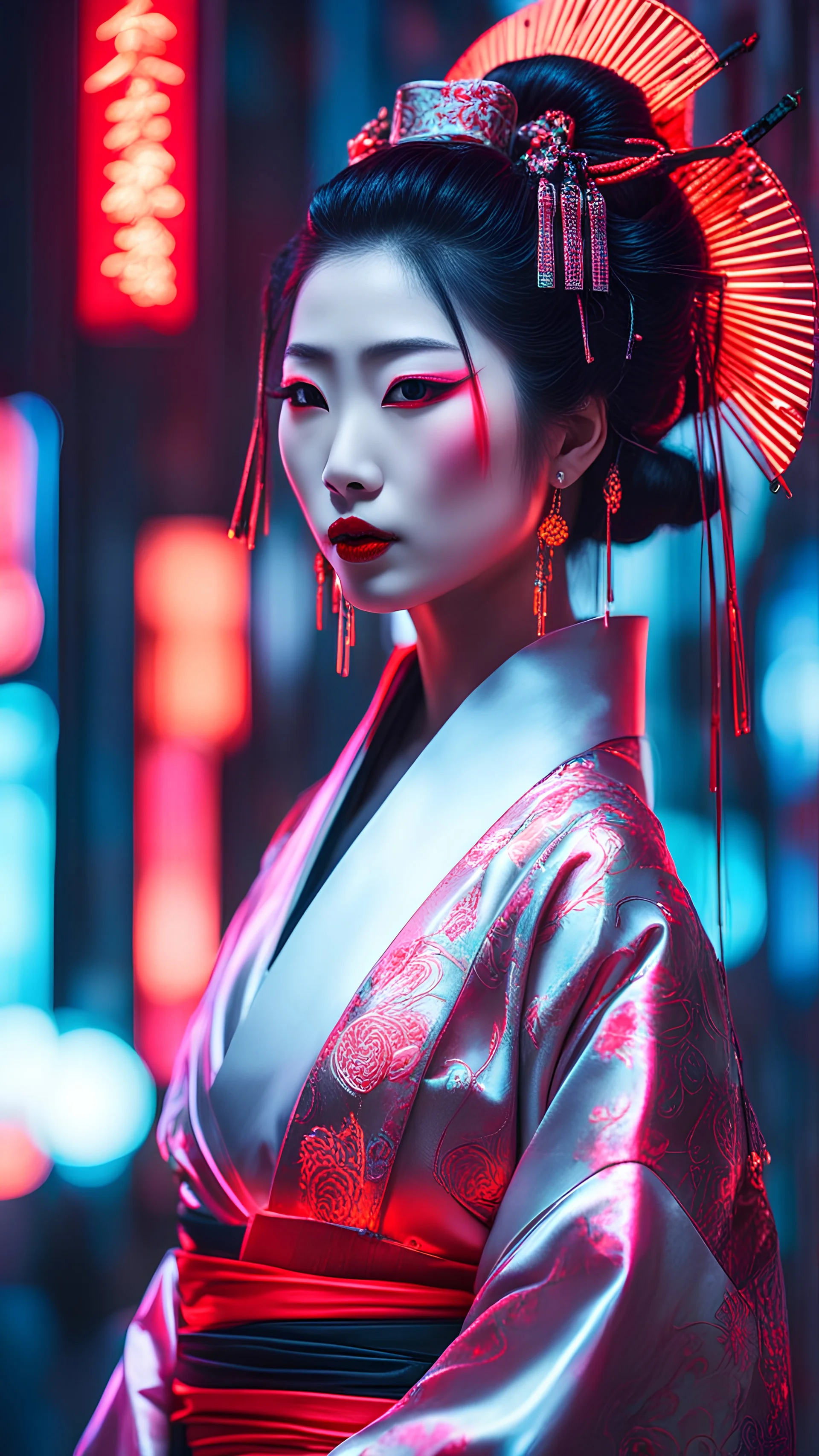 a captivating image of a cyberpunk geisha adorned with neon-lit traditional attire. Emphasize the contrast between the classic elegance of a geisha and the futuristic glow of neon lights in a bustling cityscape