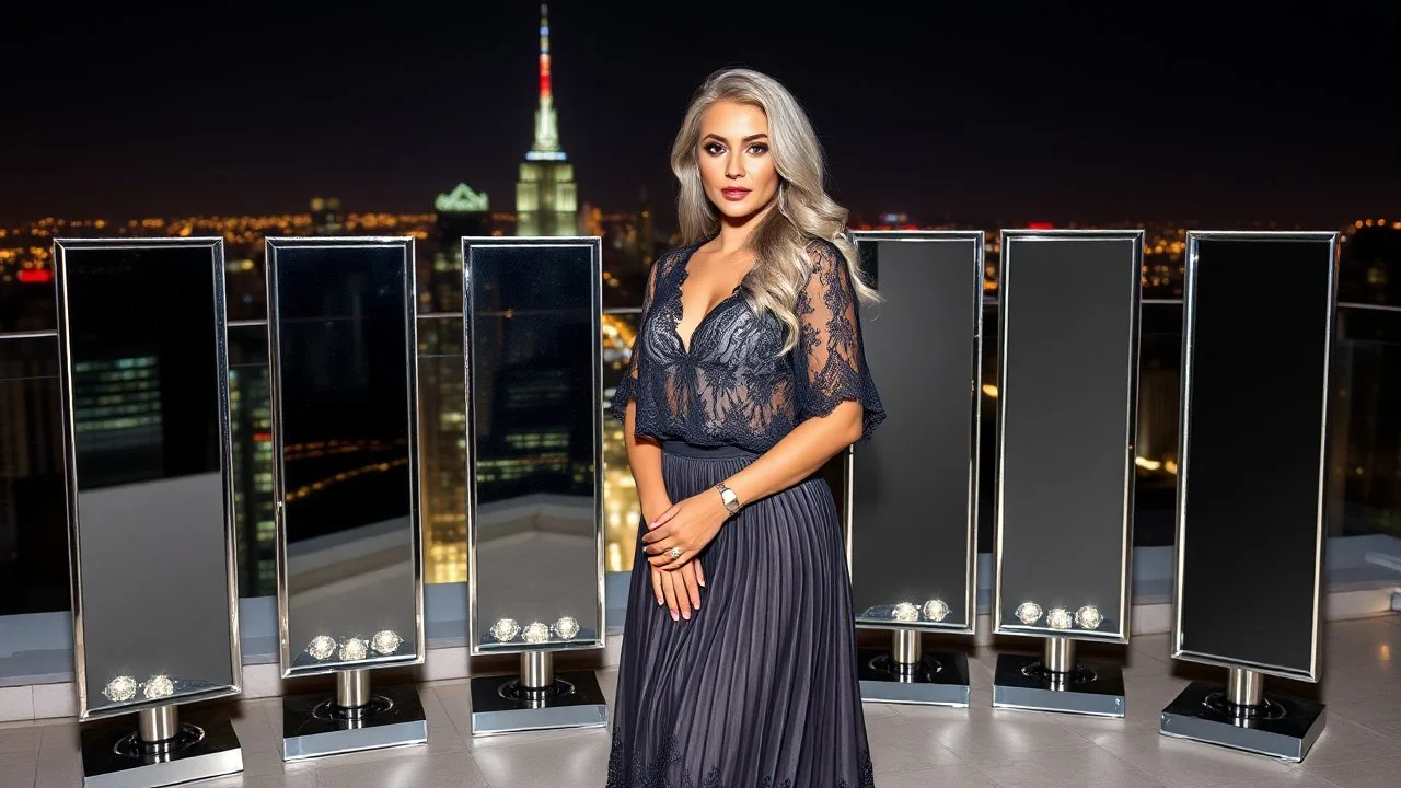 very beautiful model lady with makeup and beautiful modern fashion midi pleated velvet dark silver lace skirt with lace edges and modern loose lace top with a loose over, curvy silver long hair, standing in a modern city open satge with 8 cubic mirrors(each with 4 equal hight and equal width, vertical mirror), each vertical on its own short rotating base. with some small lights on crystal frames, on roof of a skyscraper with city escape at background, with animating dynamic lights with high