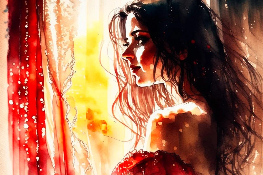 A beautiful brunette woman looks out from behind a red lace and silk curtain, holds the curtain with one hand and pulls it away in sunshine, watercolor and black ink outlines, sparkling golden glitter, ethereal, cinematic postprocessing, bokeh, dof